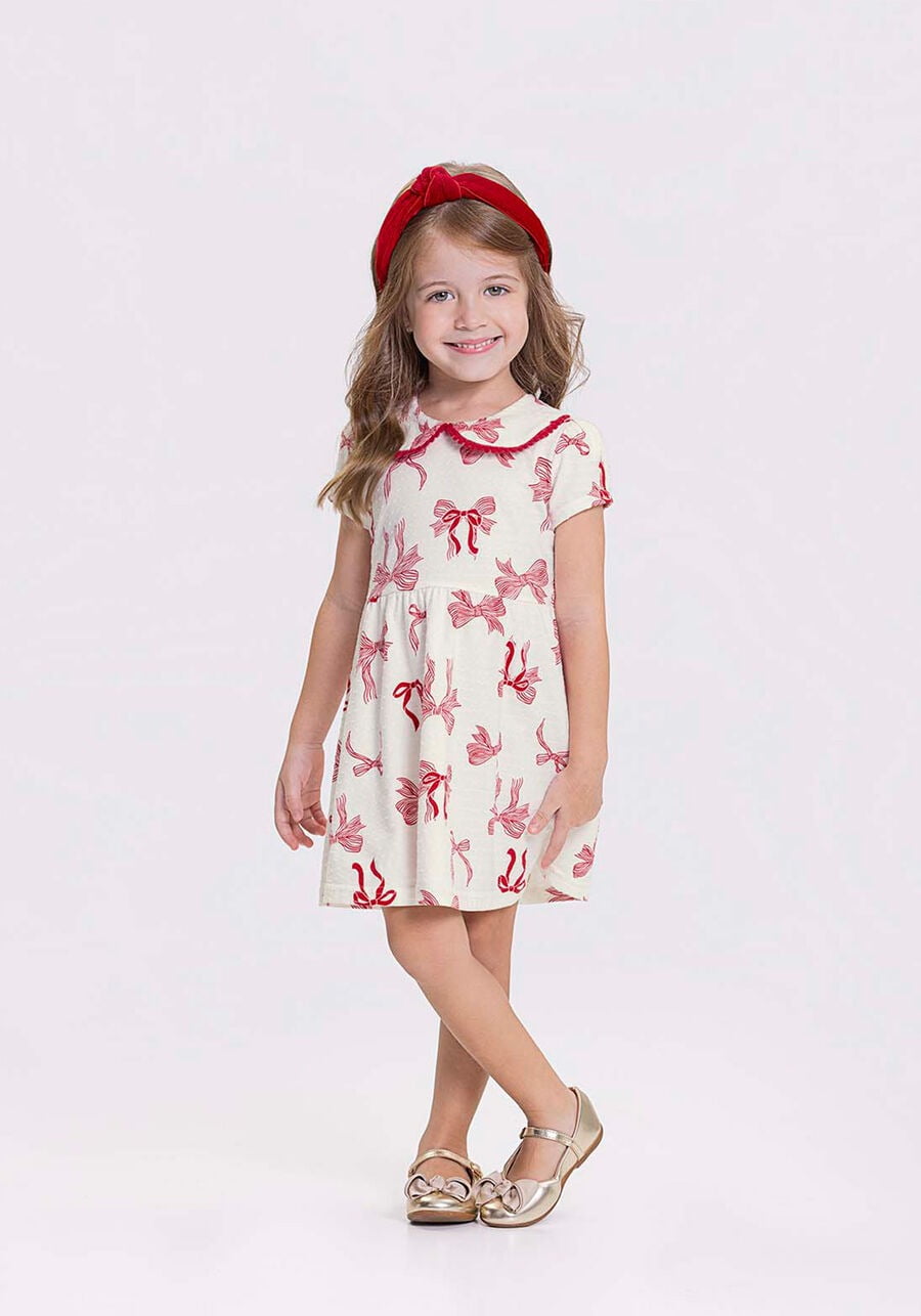 VESTIDO INFANTIL ALAKAZOO GOLA DUPLA COM POMPONS ESTAMPA DE LAÇOS - 46591