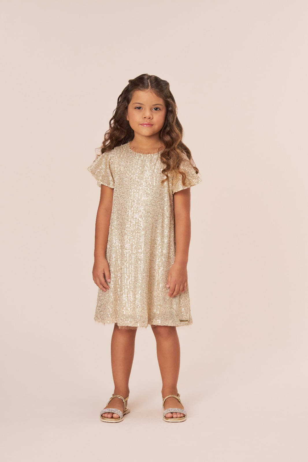 VESTIDO INFANTIL BAMBOLLINA EM PAETE DOURADO - 1303130