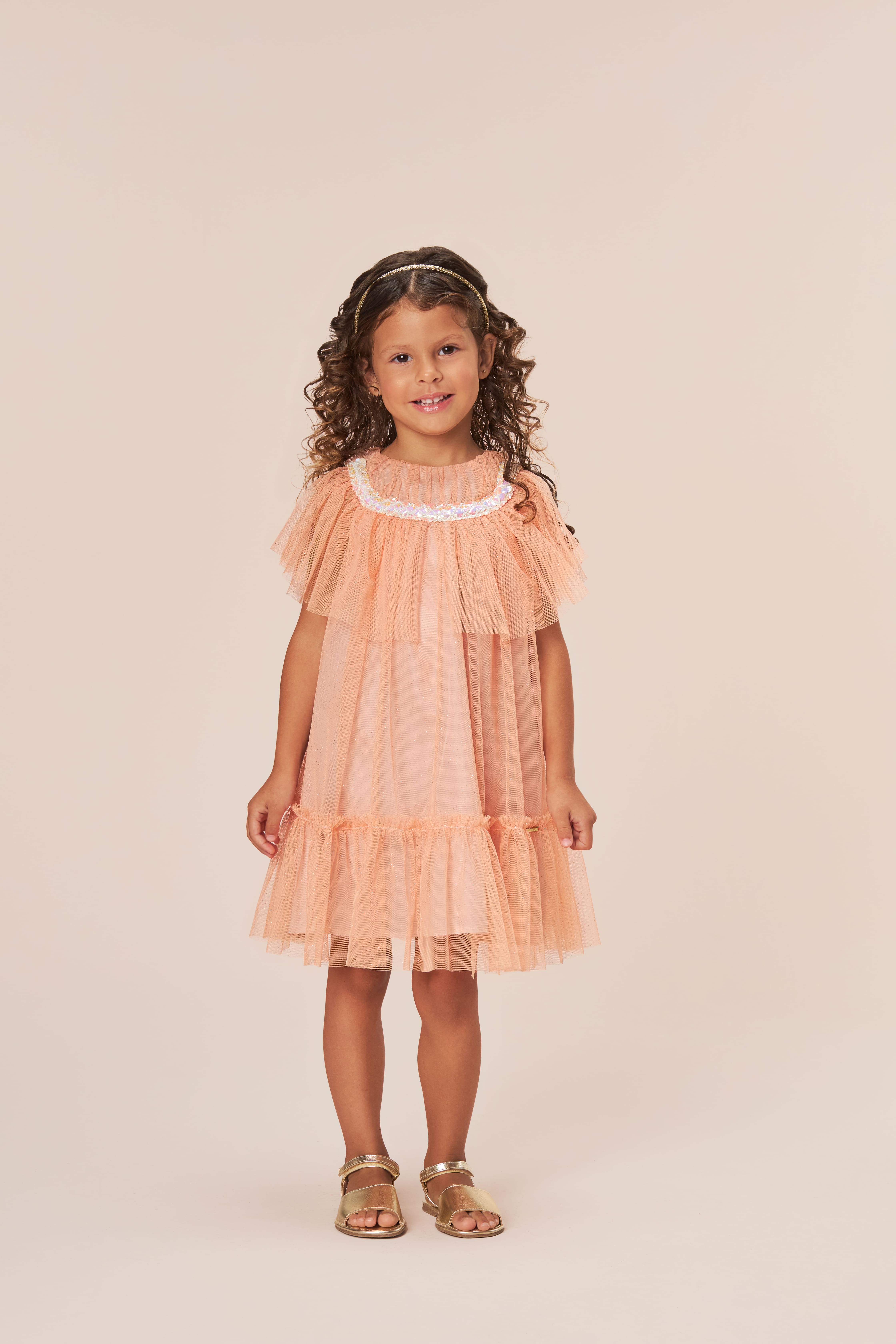 VESTIDO INFANTIL BAMBOLLINA EM TULE COM BRILHO LARANJA - 1025230