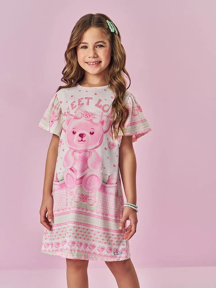 VESTIDO INFANTIL CINTI COM ESTAMPA SWEET LOVE COM STRASS - 12693