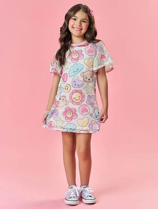 VESTIDO INFANTIL CINTI COM SOBREPOSIÇÃO EM TELA E ACOMPANHA PULSEIRA - 12288