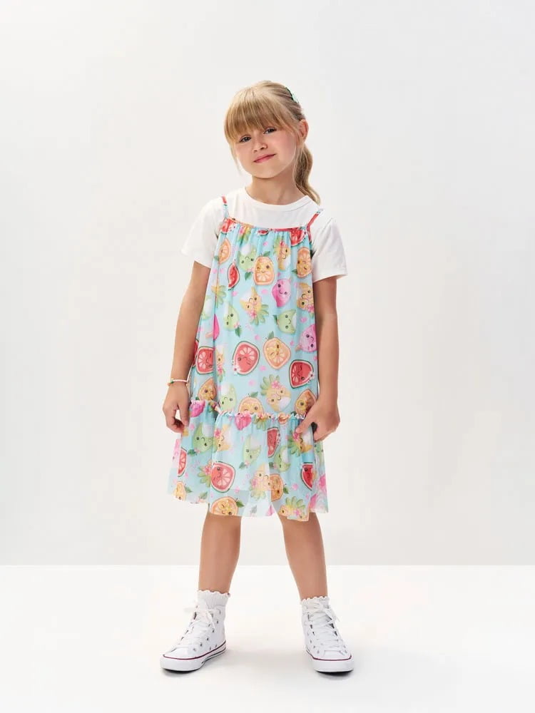 VESTIDO INFANTIL CINTI COM SOBREPOSIÇÃO ESTAMPA DE FRUTINHAS E ACOMPANHA PULSEIRA - 12522