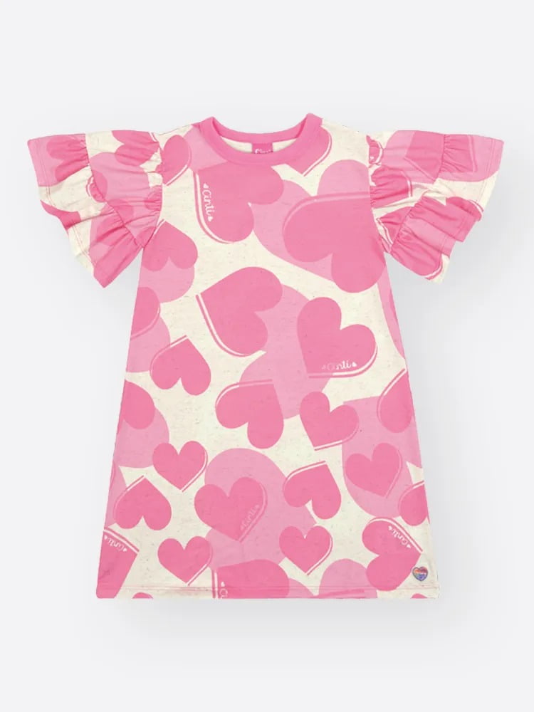 VESTIDO INFANTIL CINTI EM COTTON LINHO COM ESTAMPA DE CORAÇÕES - 012262460