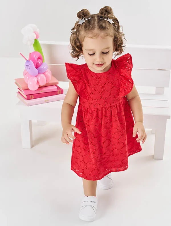 VESTIDO INFANTIL CINTI EM LAISE CORAÇÕES VERMELHO - 10286