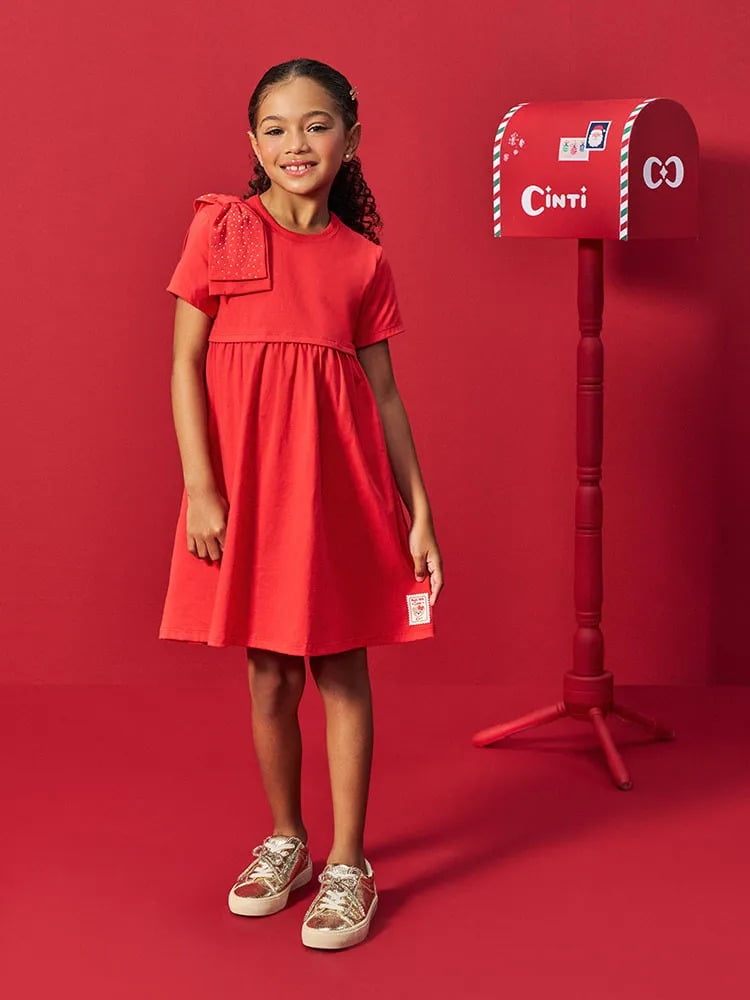 VESTIDO INFANTIL CINTI EM MEIA MALHA E LAÇO COM STRASS - 12686