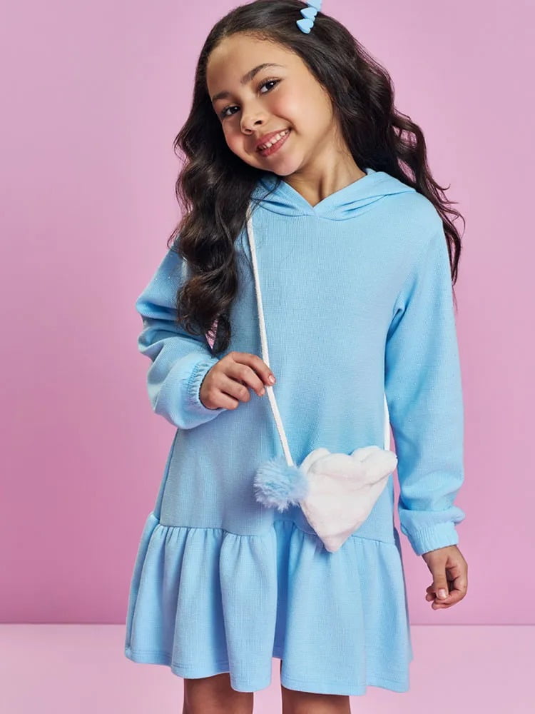 VESTIDO INFANTIL CINTI EM MOLETINHO WAFFLE E BOLSA EM PELO FLEECE - 012261320