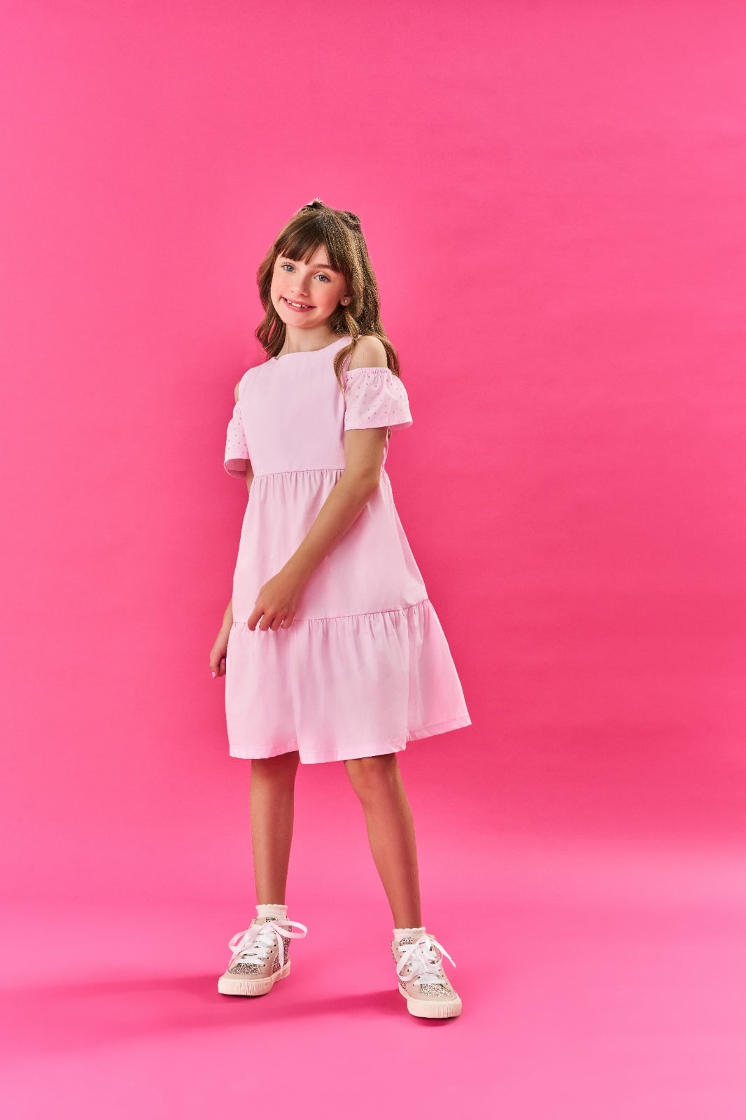 VESTIDO INFANTIL CINTI EM TRICOLINE ROSA COM STRASS - 12064