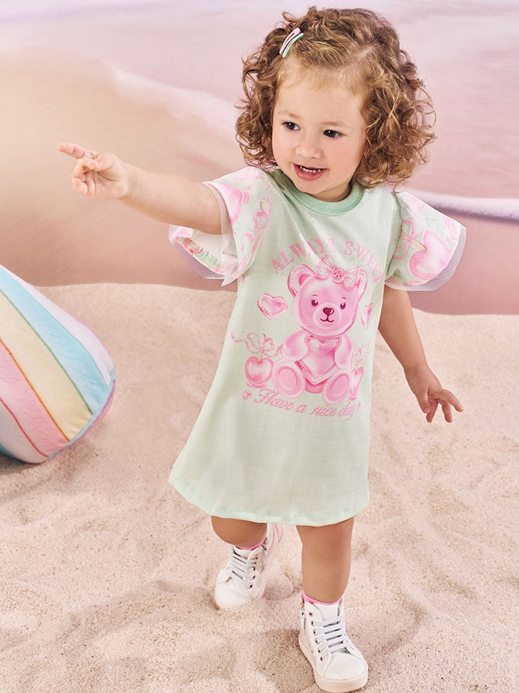 VESTIDO INFANTIL CINTI ESTAMPA ALWAYS SWEET COM DETALHES EM STRASS E TULE COM BRILHO - 10462