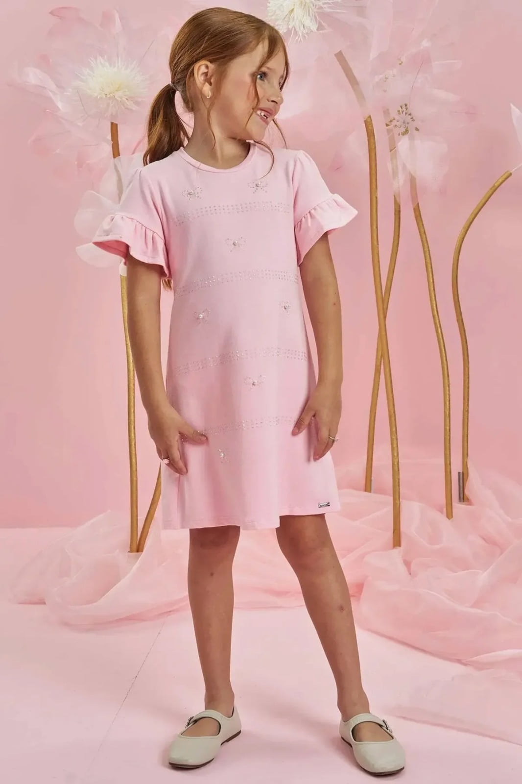 VESTIDO INFANTIL INFANTI EM MOLEVISCO COM PÉROLAS E STRASS - 84007