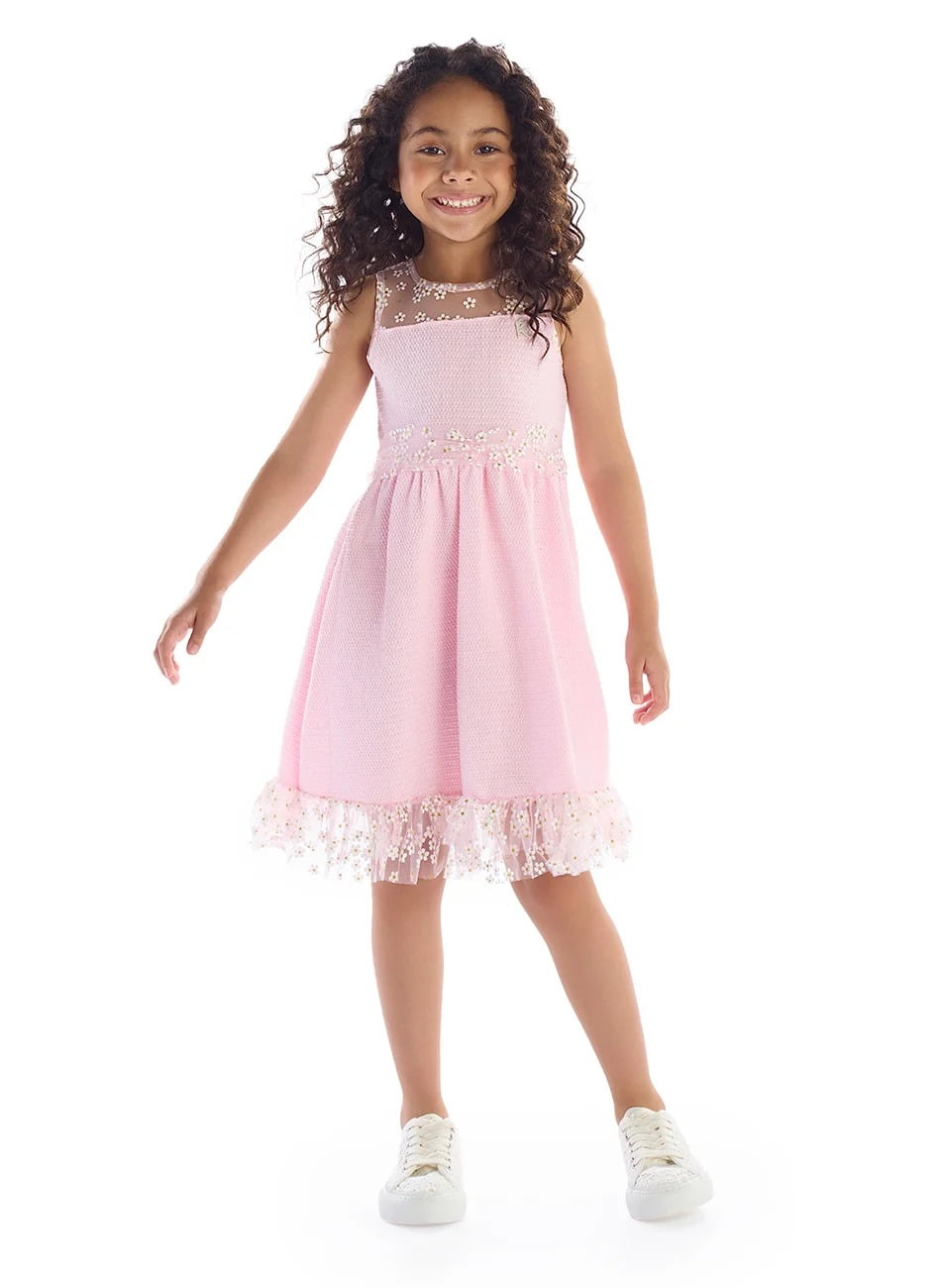 VESTIDO INFANTIL KIKI EM TECIDO TEXTURIZADO COM DETALHES EM TULE LEVE E FLUIDO COM MARGARIDAS - 3100190