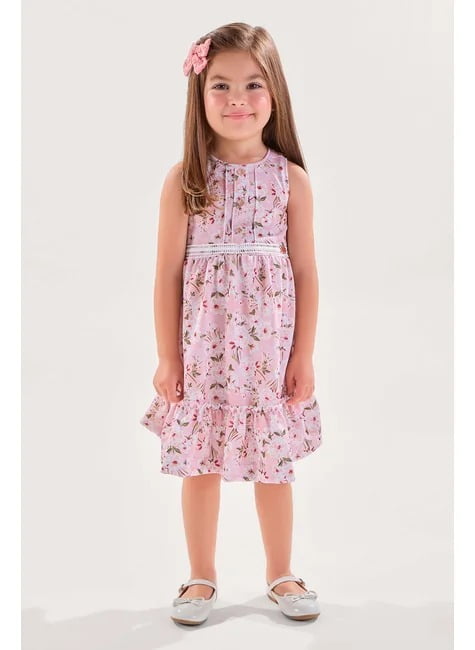 VESTIDO INFANTIL KIKI ROSA FLORAL TEXTURIZADO COM CINTO DE RENDA - 2100191