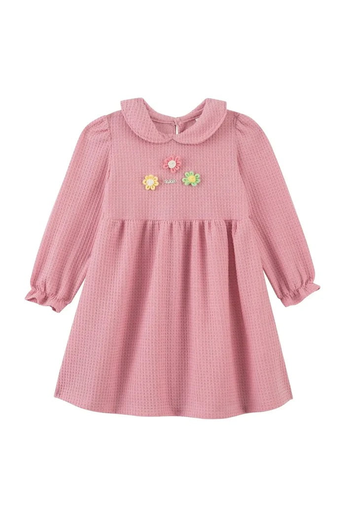 VESTIDO INFANTIL KUKIÊ EM MALHA QUADRADINHOS COM APLICAÇÕES DE FLORES - 91955