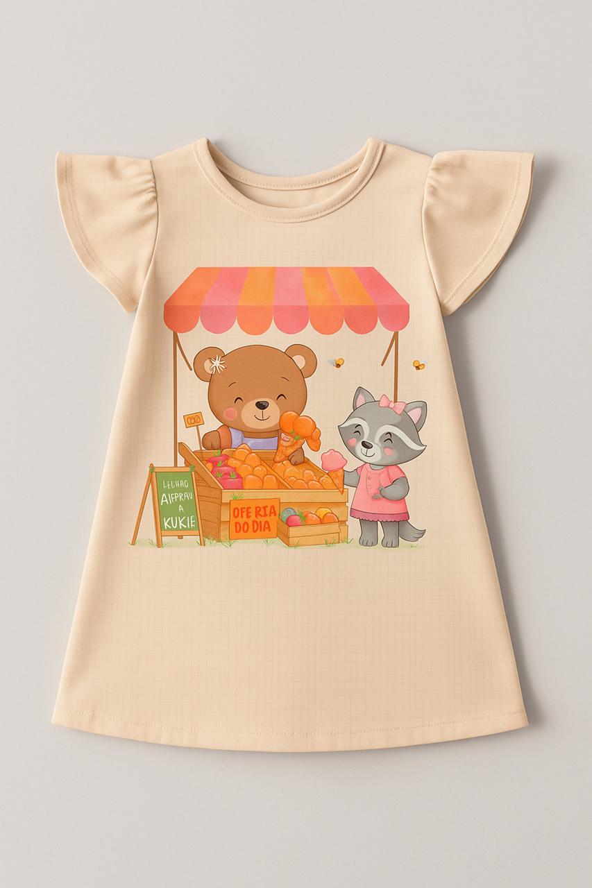 VESTIDO INFANTIL KUKIÊ EM MALHA TWILL ESTAMPA DE URSO FEIRINHA - 92214