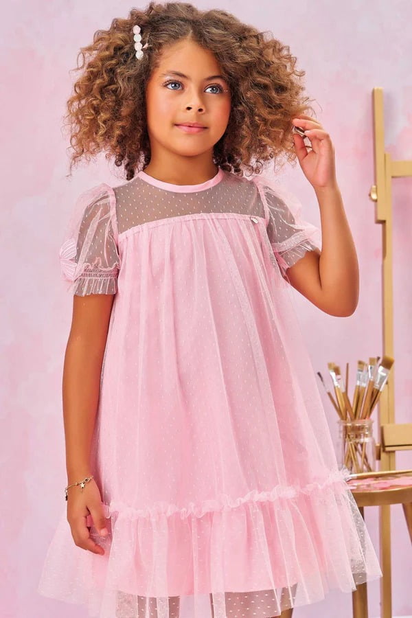 VESTIDO INFANTIL KUKIÊ EM TULE POÁ COM LAÇOS - 77447